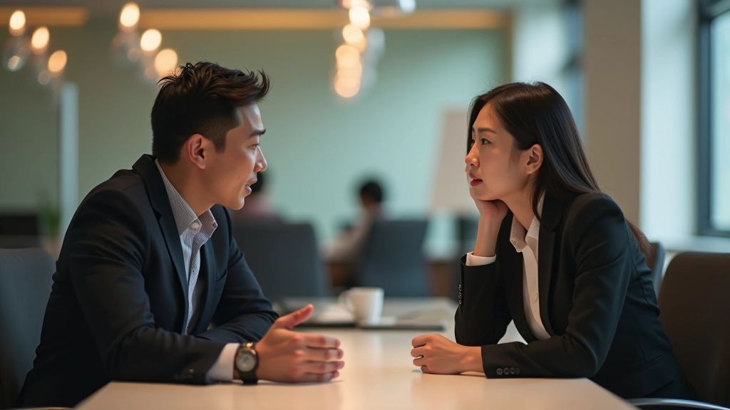Two colleagues having a constructive conversation at a meeting table
